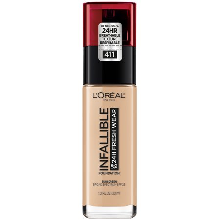 [071249408087] L'Oreal Paris Infallible 32HR Fresh Wear Foundation with SPF 25 - 411 Beige Ivory - 1 Fl Oz: Vegan, Full Coverage, Matte Finish, Liquid Form